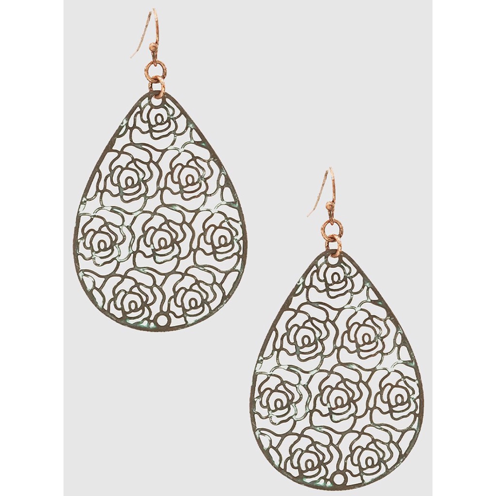 New Boutique Metal Floral Teardrop Earrings Patina